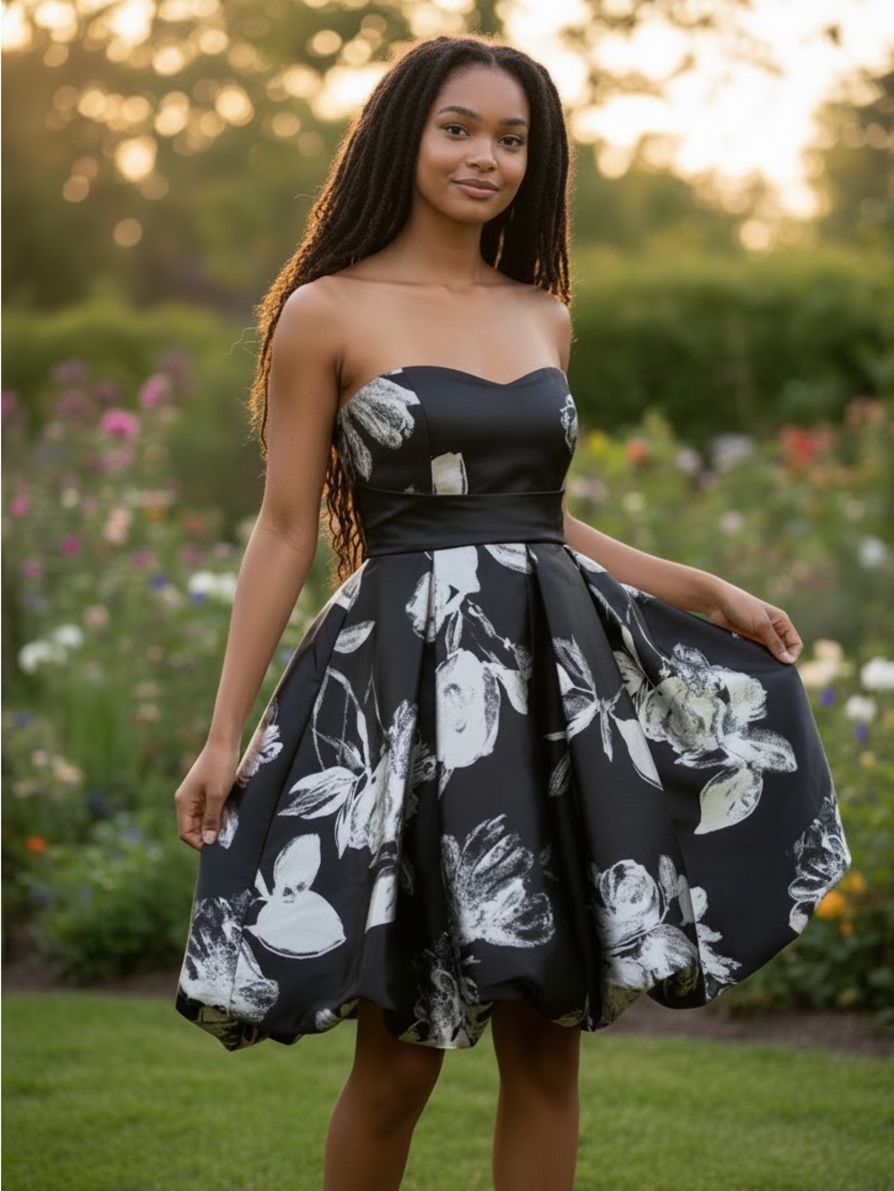 Speechless Black and White Strapless Floral Fit-and-Flare Dress